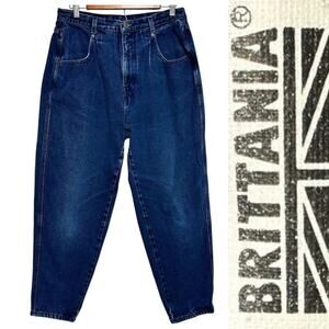 Vintage 90s Brittania Pleated Barrel Leg Jeans High Rise Blue Cotton Sz: 16x29